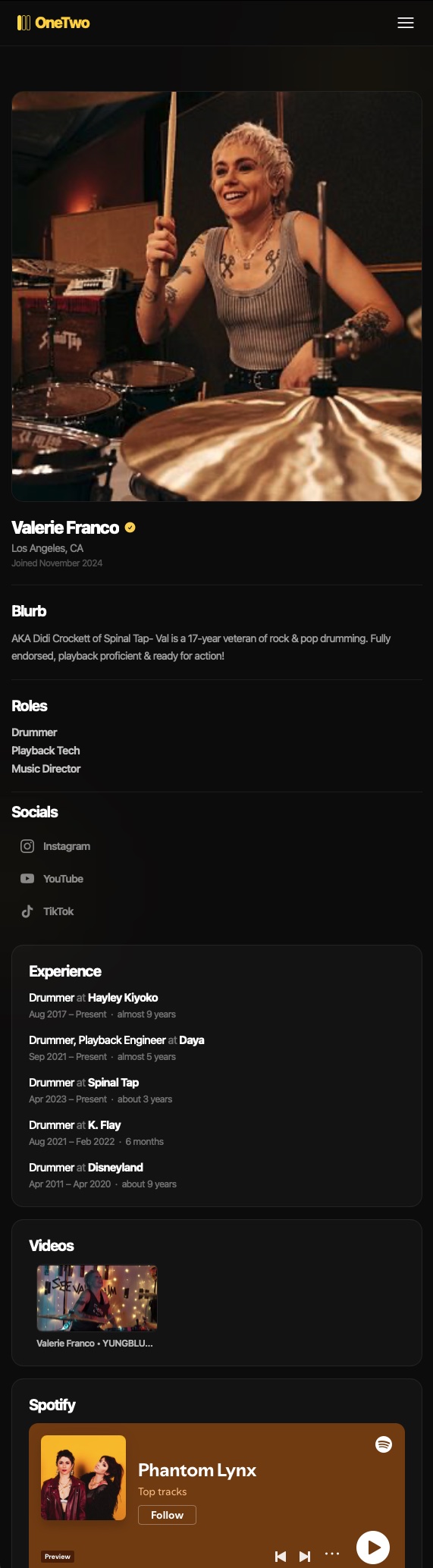 A OneTwo professional profile page on a phone